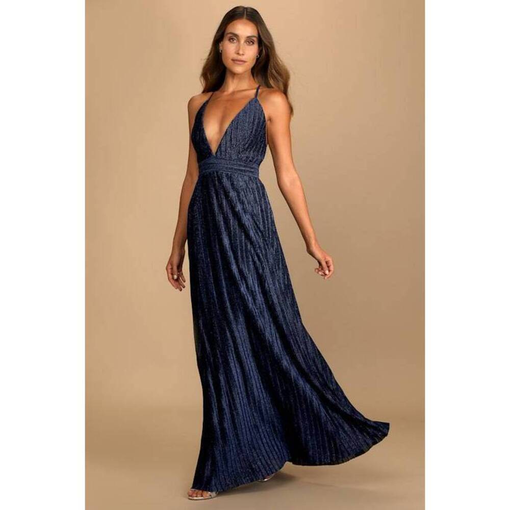 NWT Lulus Magical Looks Navy Blue Sparkly Pleated Maxi Dress - Size S
